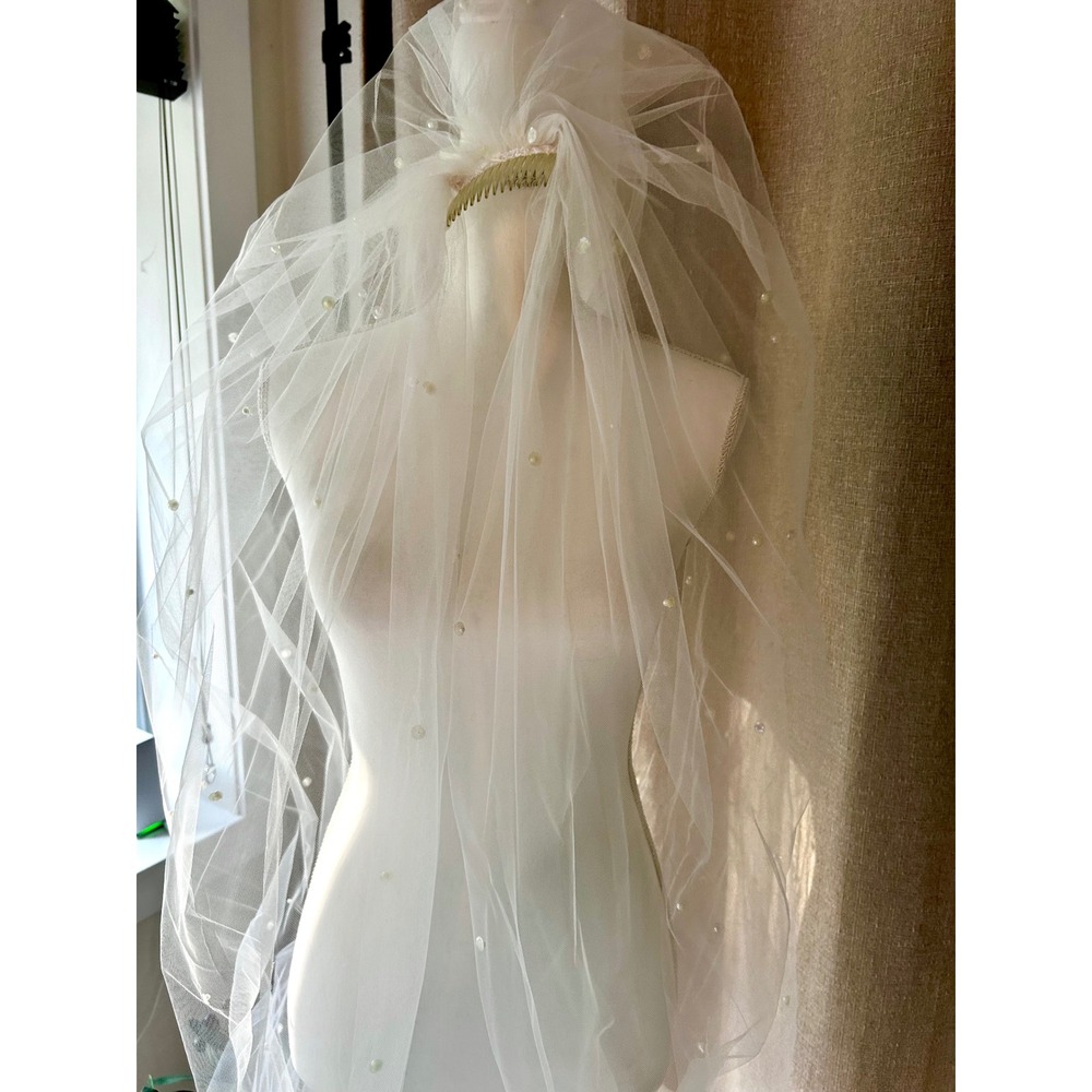 Vintage Cathedral Pearl Veil 131" Ivory Tulle Wedding Veil Sequins